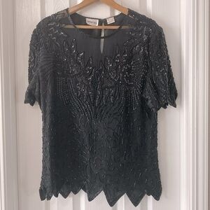 Vintage Denise Elle black sequined and beaded short sleeve evening blouse top L